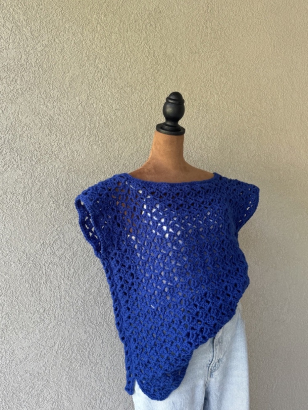 Handmade Crochet Knit Sweater Vest Royal Blue Open Knit Boho Coastal Top